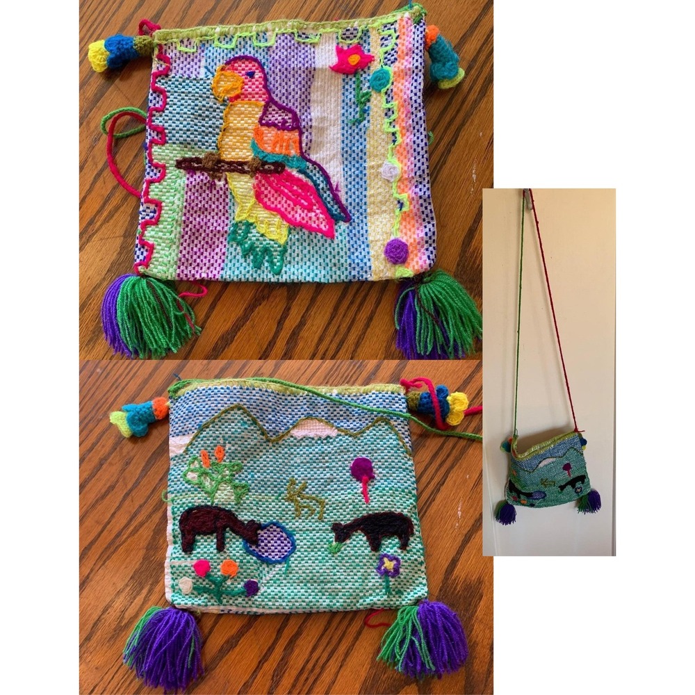 Art-to-wear Peruvian Handwoven Recycled Bag Crossbody Parrot Alpacas Cusco Peru